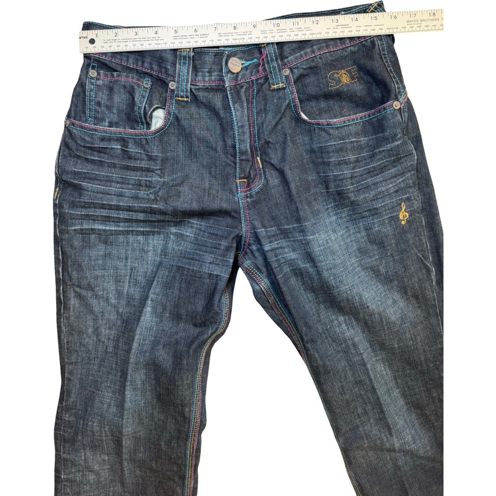 Songs of Freedom Straight Jeans Mens 32 Dark Wash Rainbow Stitch Embroidered SOF - Picture 6 of 11
